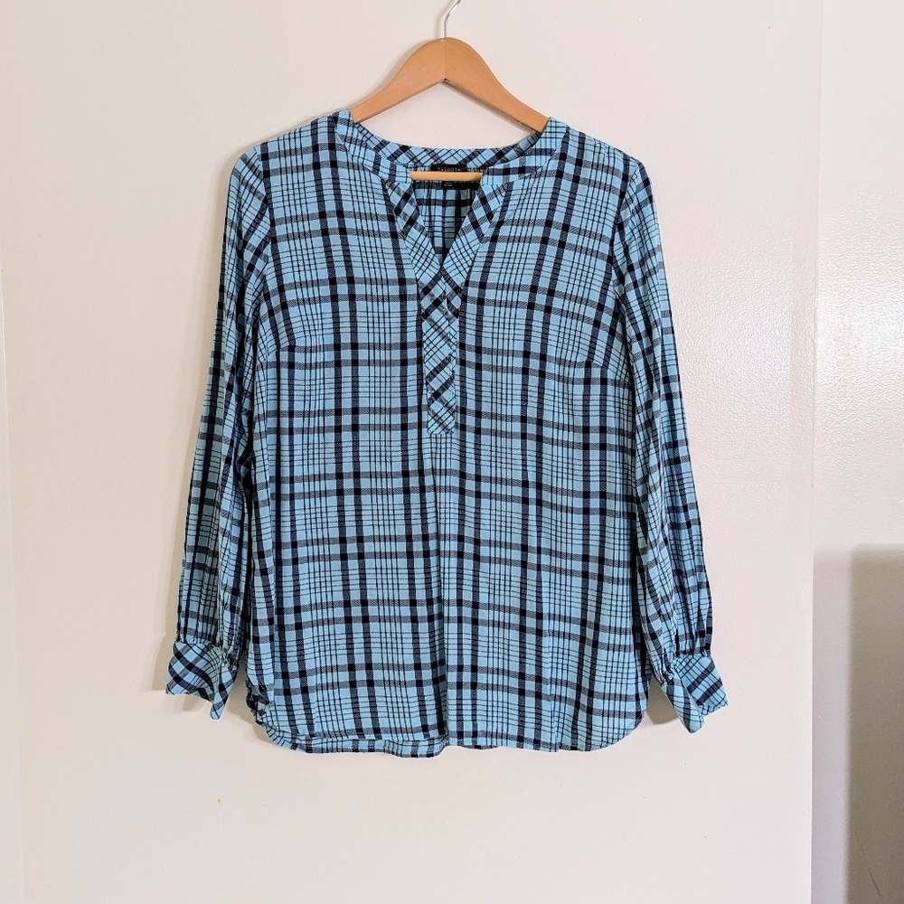 New Talbots Split Neck Plaid Tunic Top Teal Blue Size M